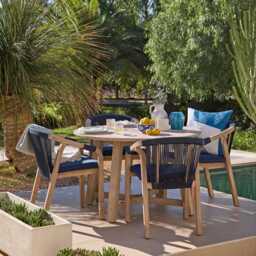 Shiro 4 Seater Round Wooden Garden Dining Set with Shiro Navy Rope Dining Chairs - 120cm
