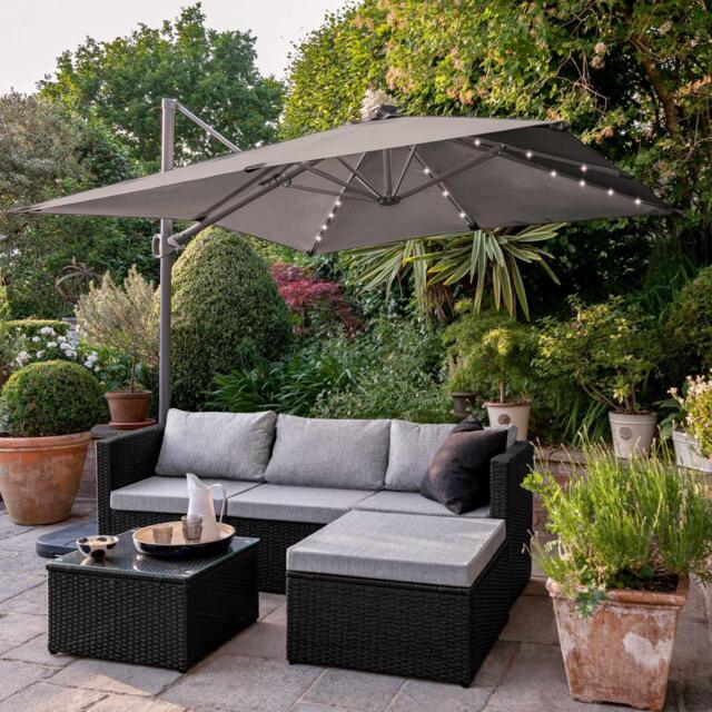 Weston 4 Seater Rattan Garden Corner Sofa Set with Grey LED Premium Cantilever Parasol & Base - Black Weave - image 1