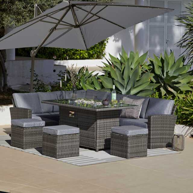 Aston 9 Seater Rattan Garden Corner Sofa Set with Grey Cantilever LED Premium Parasol - Firepit - Grey - image 1