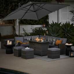 Aston 9 Seater Rattan Garden Corner Sofa Set with Grey Cantilever LED Premium Parasol - Firepit - Grey - thumbnail 3