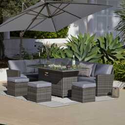 Aston 9 Seater Rattan Garden Corner Sofa Set with Grey Cantilever LED Premium Parasol - Firepit - Grey