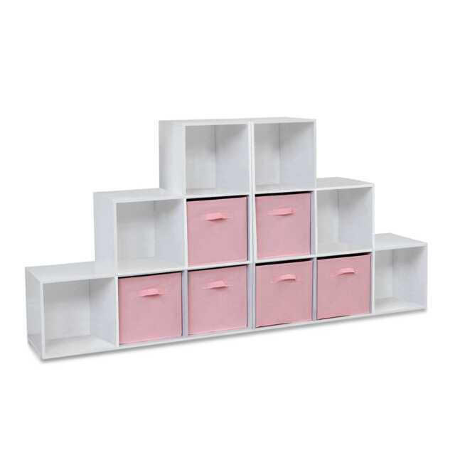 Cara 12 Cube Bookcase Ladder Storage Unit - Chalk White - Two 6 Cube Units - Pink Basket - image 1
