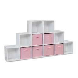 Cara 12 Cube Bookcase Ladder Storage Unit - Chalk White - Two 6 Cube Units - Pink Basket - thumbnail 1