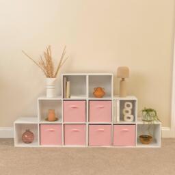 Cara 12 Cube Bookcase Ladder Storage Unit - Chalk White - Two 6 Cube Units - Pink Basket - thumbnail 2