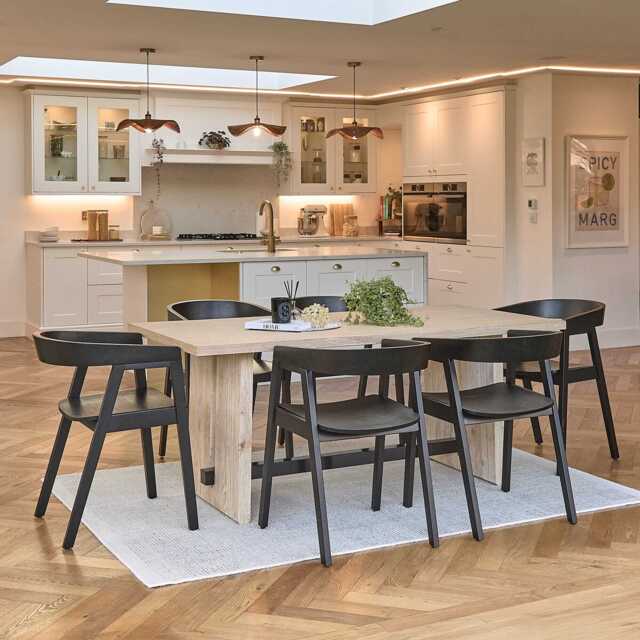 Priya Whitewash Dining Table Set - 6 Seater - Ella Black Wooden Chairs - image 1