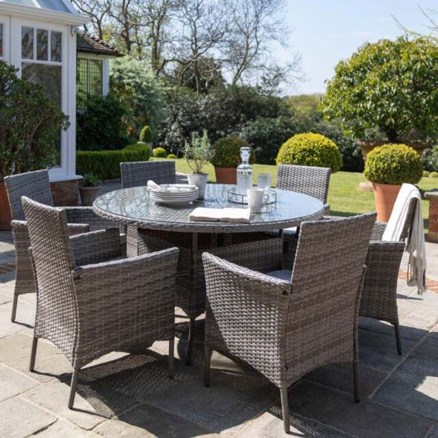 Kemble 6 Seater Rattan Round Garden Dining Table Set - Grey - image 1