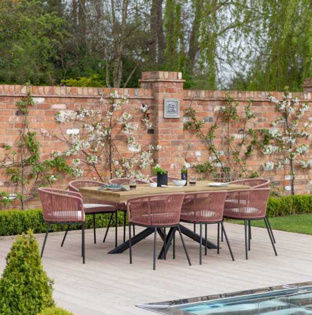 Amelia 8 Seater Wooden Garden Dining Set with 8 Hali Pink Chairs - White Acacia with Black Legs - image 1