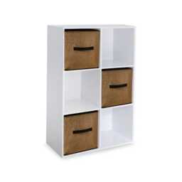 Cara 6 Cube Chalk White Bookcase Wooden Display Unit Shelving Storage Bookshelf Shelves - Jute Natural Basket - thumbnail 1