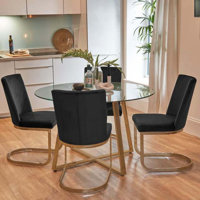Clara Glass Dining Table Set - 4 Seater - Lola Black Dining Chairs - Gold Legs - image 1