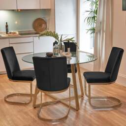 Clara Glass Dining Table Set - 4 Seater - Lola Black Dining Chairs - Gold Legs