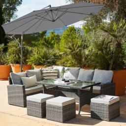 Aston 9 Seater Rattan Corner Sofa Set with Grey Lean Over Parasol - Grey