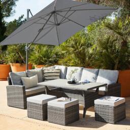 Aston 9 Seater Rattan Garden Corner Sofa Set with Grey LED Premium Parasol - Polywood Top - Grey - thumbnail 1