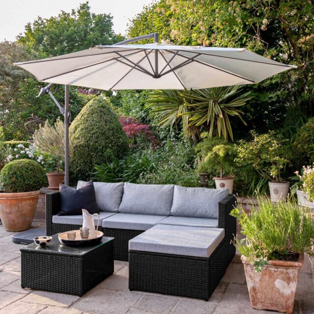 Weston 4 Seater Rattan Garden Corner Sofa Set with Cream Lean Over Parasol & Base - Black Weave - image 1