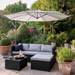 Weston 4 Seater Rattan Garden Corner Sofa Set with Cream Lean Over Parasol & Base - Black Weave