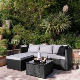 Weston 4 Seater Rattan Garden Corner Sofa Set with Cream Lean Over Parasol & Base - Black Weave - thumbnail 4