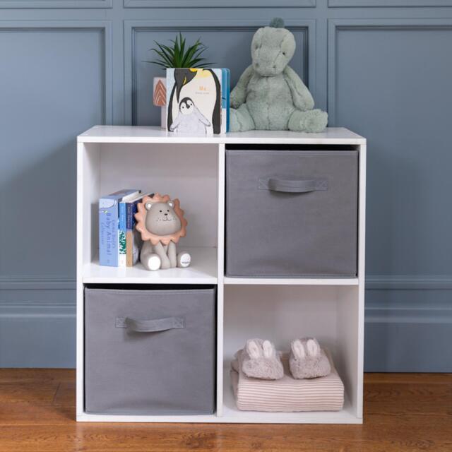 Cara 4 Cube Chalk White Bookcase Wooden Display Unit Shelving Storage Bookshelf Shelves - Grey Basket - image 1