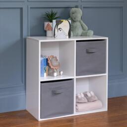 Cara 4 Cube Chalk White Bookcase Wooden Display Unit Shelving Storage Bookshelf Shelves - Grey Basket - thumbnail 2