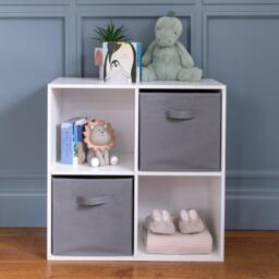 Cara 4 Cube Chalk White Bookcase Wooden Display Unit Shelving Storage Bookshelf Shelves - Grey Basket