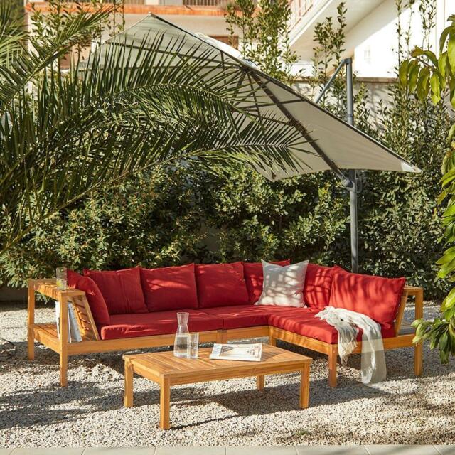 Dakota Wooden Garden Corner Sofa Set with Cream Parasol - Red Cushions - image 1