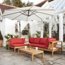 Dakota Wooden Garden Corner Sofa Set with Cream Parasol - Red Cushions - thumbnail 6