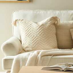 Elborough 50x50cm Diamond Cotton Tasseled Cushion Cover - Off White - thumbnail 2
