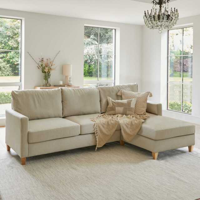 Ava Large Chaise Corner Sofa - Right Hand - Sand with Pale Oak Legs - image 1