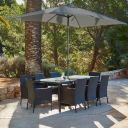 Marston 8 Seater Rattan Garden Dining Set with Grey Parasol - Black - Glass Top