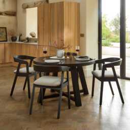 Charlotte Black Oak Round Dining Table Set - 4 Seater - Ella Black Oak Carver Chairs - Fawn Linen - thumbnail 1