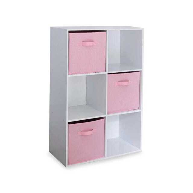 Cara 6 Cube Chalk White Bookcase Wooden Display Unit Shelving Storage Bookshelf Shelves - Pink Basket - image 1