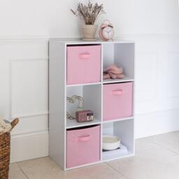 Cara 6 Cube Chalk White Bookcase Wooden Display Unit Shelving Storage Bookshelf Shelves - Pink Basket - thumbnail 3