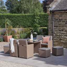 Cube 8 Seater Rattan Outdoor Dining Set with Grey LED Premium Parasol - Natural Brown Weave - thumbnail 1