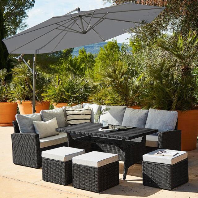 Aston 9 Seater Rattan Garden Corner Sofa Set with with Grey Lean Over Parasol - Polywood Top - Black - image 1