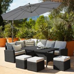 Aston 9 Seater Rattan Garden Corner Sofa Set with with Grey Lean Over Parasol - Polywood Top - Black - thumbnail 1