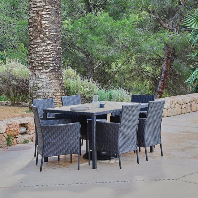 Marston 6 Seater Rattan Garden Dining Set - Black - Polywood Top - image 1