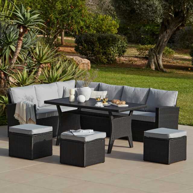 Aston 9 Seater Outdoor Sofa Dining Set with Polywood Table Top - Black - image 1