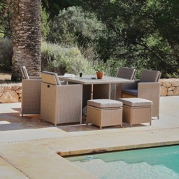 Cube 8 Seater Rattan Outdoor Dining Set with Cream LED Premium Parasol - Natural Brown Weave Polywood Top - thumbnail 2