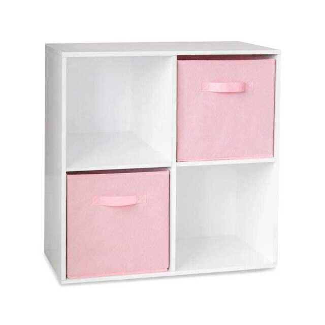 Cara 4 Cube Chalk White Bookcase Wooden Display Unit Shelving Storage Bookshelf Shelves - Pink Basket - image 1