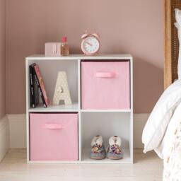 Cara 4 Cube Chalk White Bookcase Wooden Display Unit Shelving Storage Bookshelf Shelves - Pink Basket - thumbnail 2