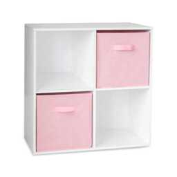 Cara 4 Cube Chalk White Bookcase Wooden Display Unit Shelving Storage Bookshelf Shelves - Pink Basket