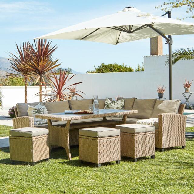 Aston 9 Seater Rattan Corner Sofa Set with Cream LED Premium Parasol & Polywood Table Top - Natural Brown - image 1