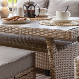 Aston 9 Seater Rattan Corner Sofa Set with Cream LED Premium Parasol & Polywood Table Top - Natural Brown - thumbnail 5