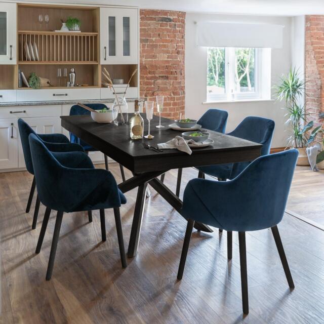 Amelia Black Extendable Dining Table Set - 6 Seater - Freya Blue Carver Chairs - Black Legs - image 1