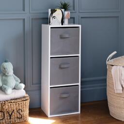 Cara 3 Tier Chalk White Cube Storage Unit - Grey Baskets - thumbnail 3