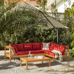 Dakota Wooden Garden Corner Sofa Set with Cream LED Premium Parasol - Red Cushions - thumbnail 1