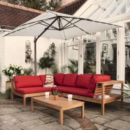 Dakota Wooden Garden Corner Sofa Set with Cream LED Premium Parasol - Red Cushions - thumbnail 6