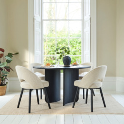 Imogen 120cm Jet Black Mango Wood Round Dining Table Set  - 4 Seater - Marilyn Boucle Dining Chairs - Black Oak Legs