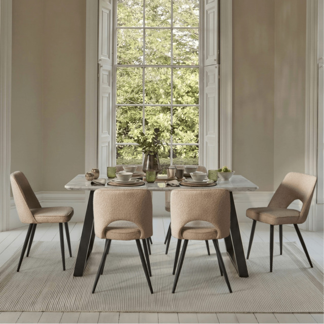 Atlas 160cm White Marble Veneer Dining Table Set - 6 Seater - Dolly Cream Boucle Dining Chairs with Black Legs - image 1