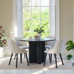 Orla 120cm Jet Black Mango Wood Round Dining Table Set - 4 Seater - Freya Sand Dining Chair - Black Legs - thumbnail 1