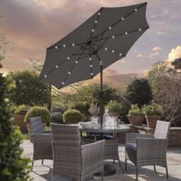 Kemble 4 Seater Rattan Round Dining Set with Grey LED Premium Parasol & Parasol Rain Cover - Grey Weave
