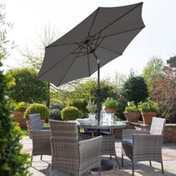 Kemble 4 Seater Rattan Round Dining Set with Grey LED Premium Parasol & Parasol Rain Cover - Grey Weave - thumbnail 3